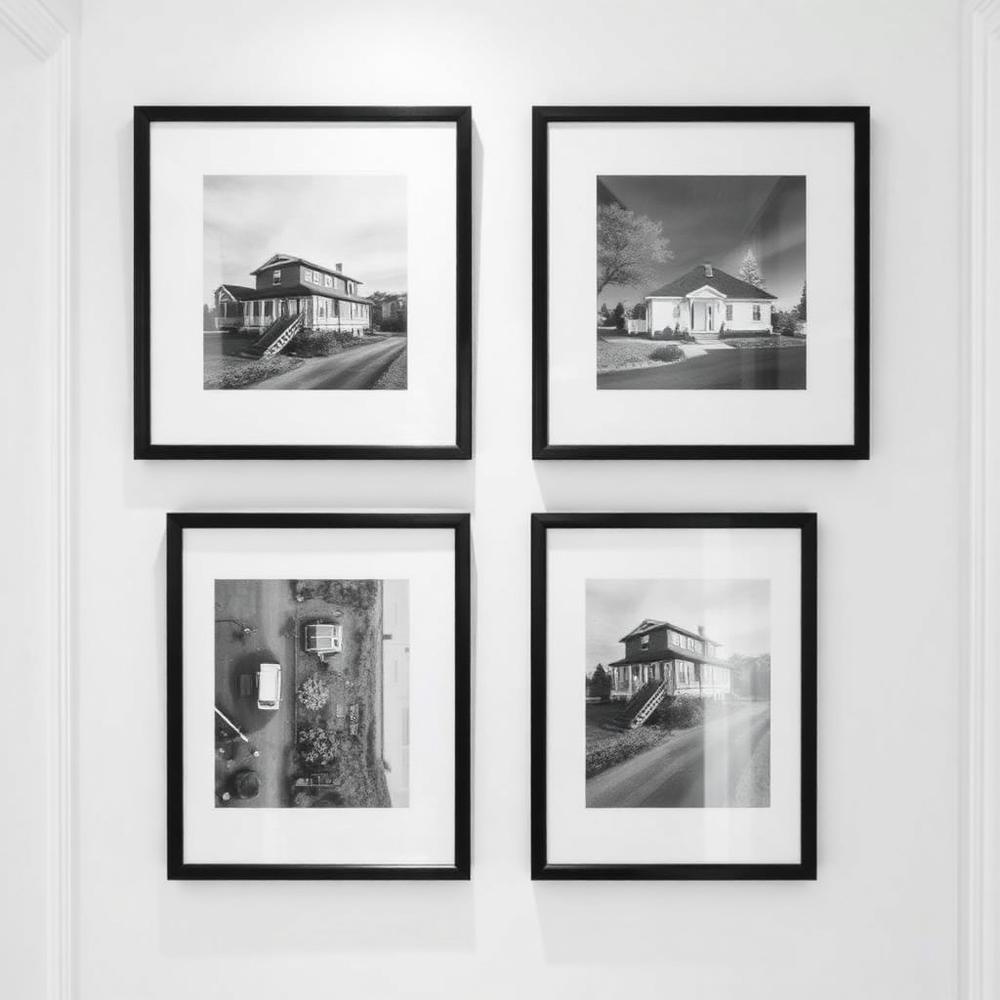 Mur de cadres noirs avec vues aériennes de maisons
