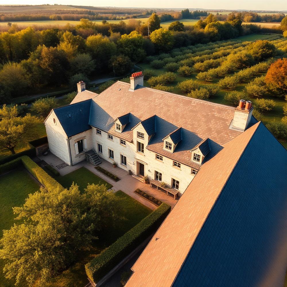 Vue aérienne d'une longère normande et de son verger