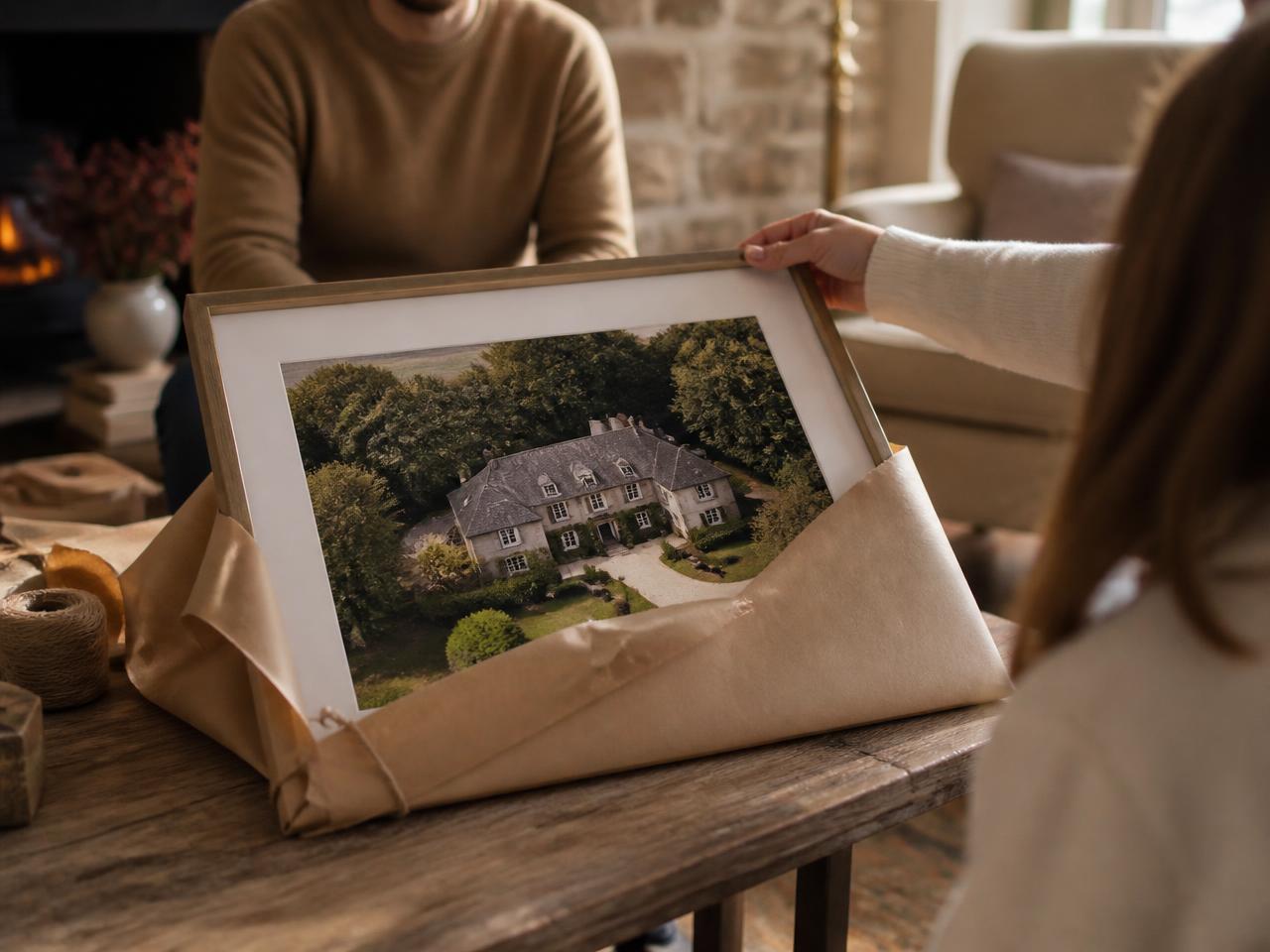 Un tableau avec photo aérienne d'une maison offert en cadeau dans un salon