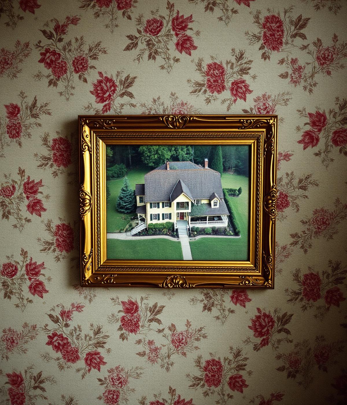 Ancienne photo aérienne de maison dans un cadre doré sur papier peint à fleurs